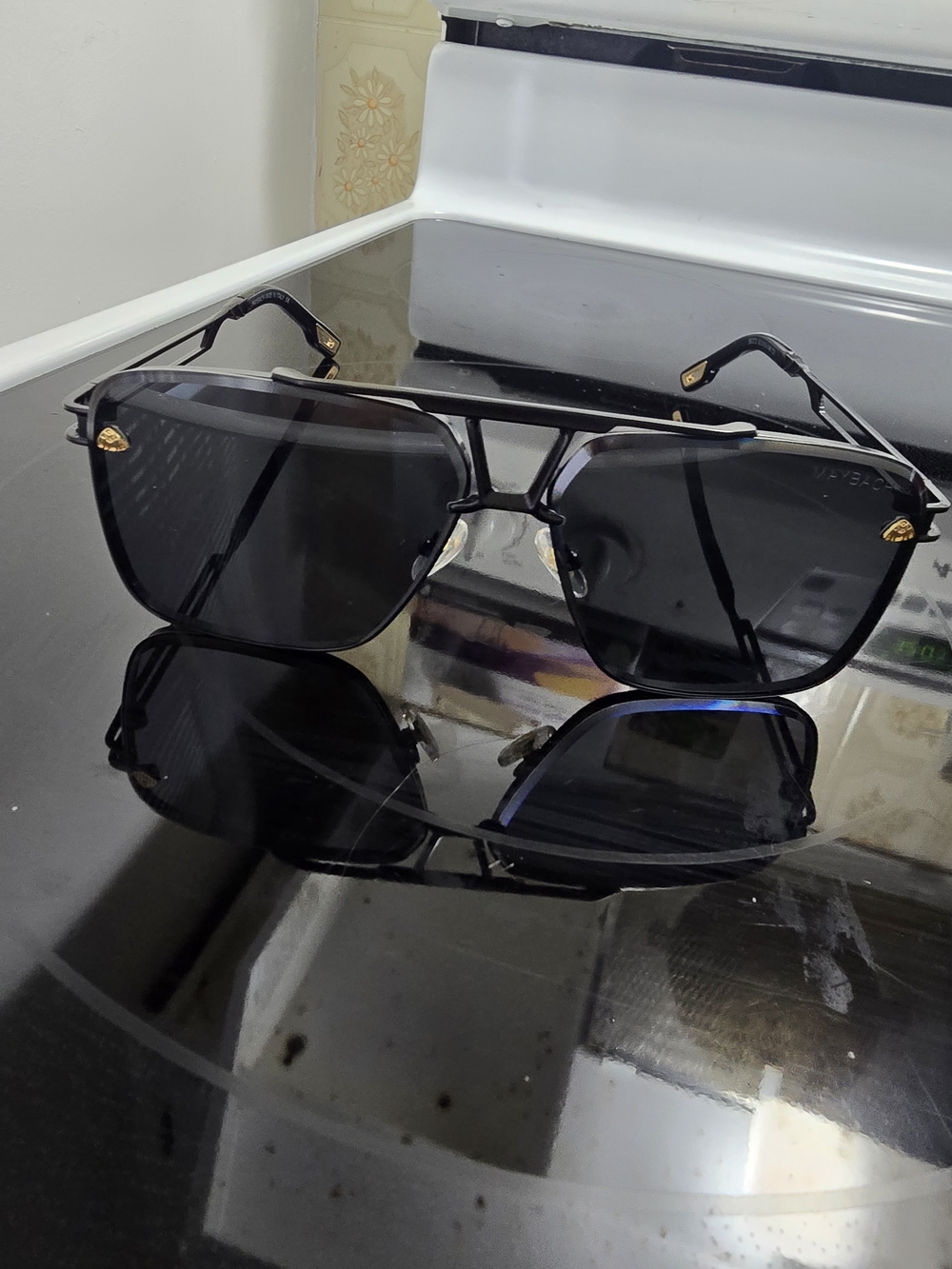 Black Aviator Sunglasses with Gold Accents